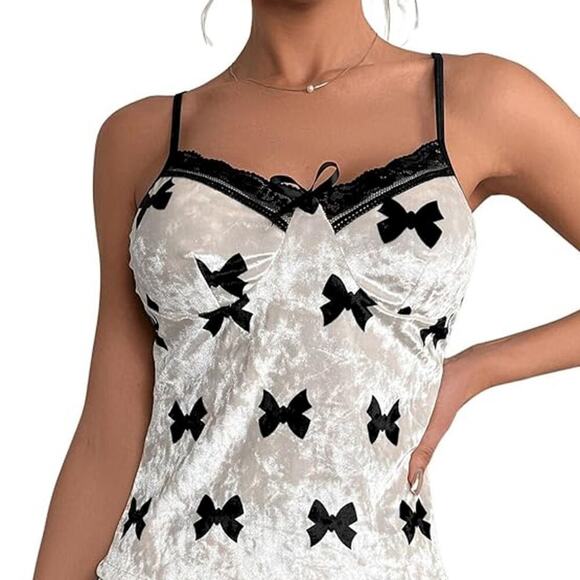 Unbranded Tops - Bow Printed Velvet Coquette Glam Y2K Style Slip Cami Halter Lace Trim Top SMALL